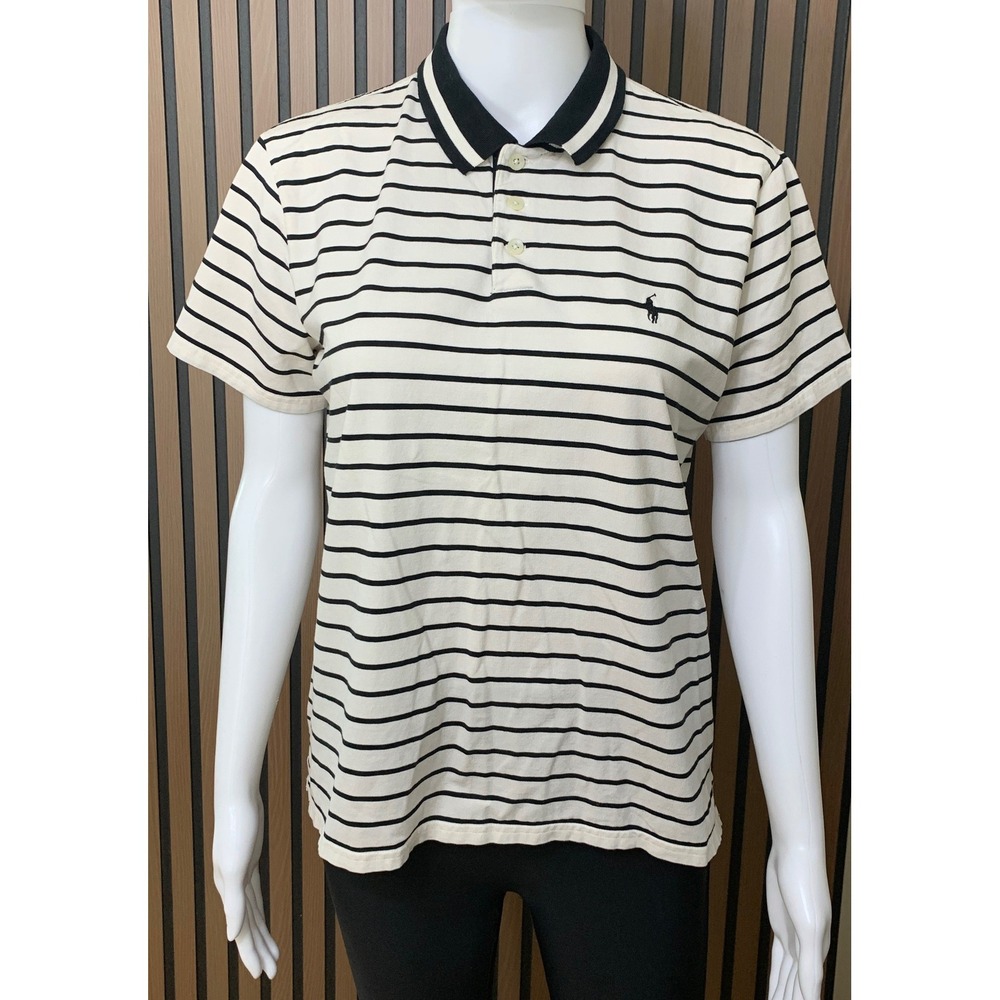 Ralph Lauren Golf Women's White Black Striped Short Sleeve Polo Shirt Large